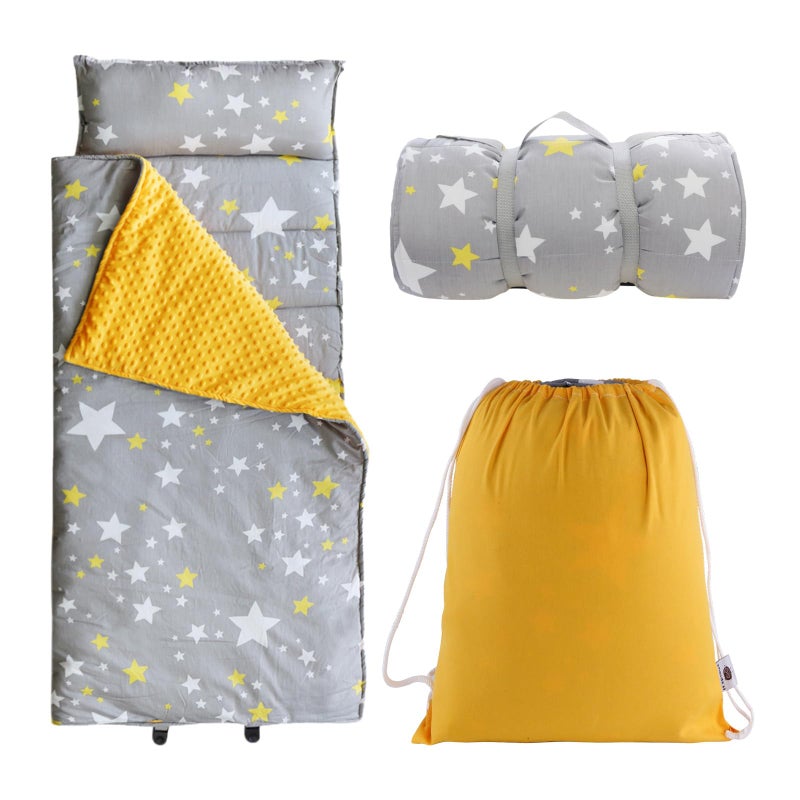 Hi Sprout Minky Dot Toddlers Nap Mat with Removable Pillow and Soft Blanket, Lightweight Daycare Preschool Kindergarten Sleeping Bag, Travel Slumber for Kids Girls Boys (Stars) - Image 1